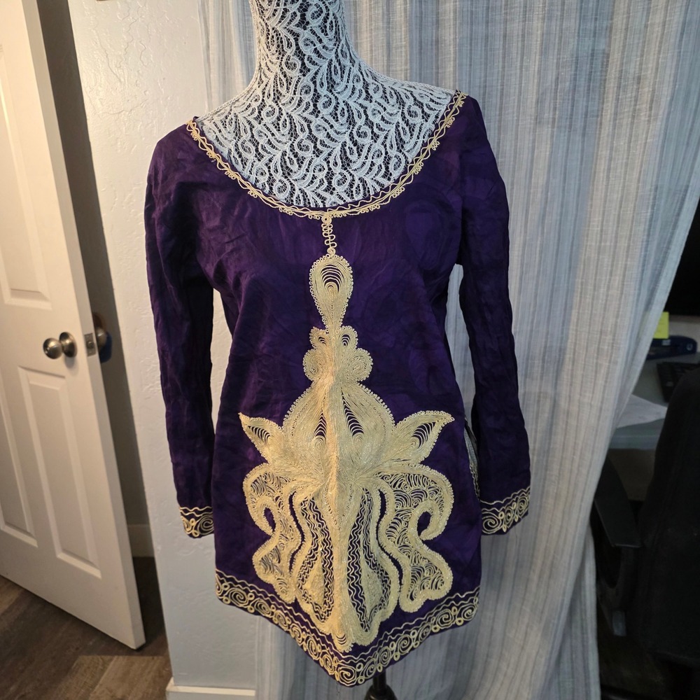 Tunic Kurta Top Womens M Purple Gold Embroidered Boho Ethnic 3/4 Sleeve Ornate